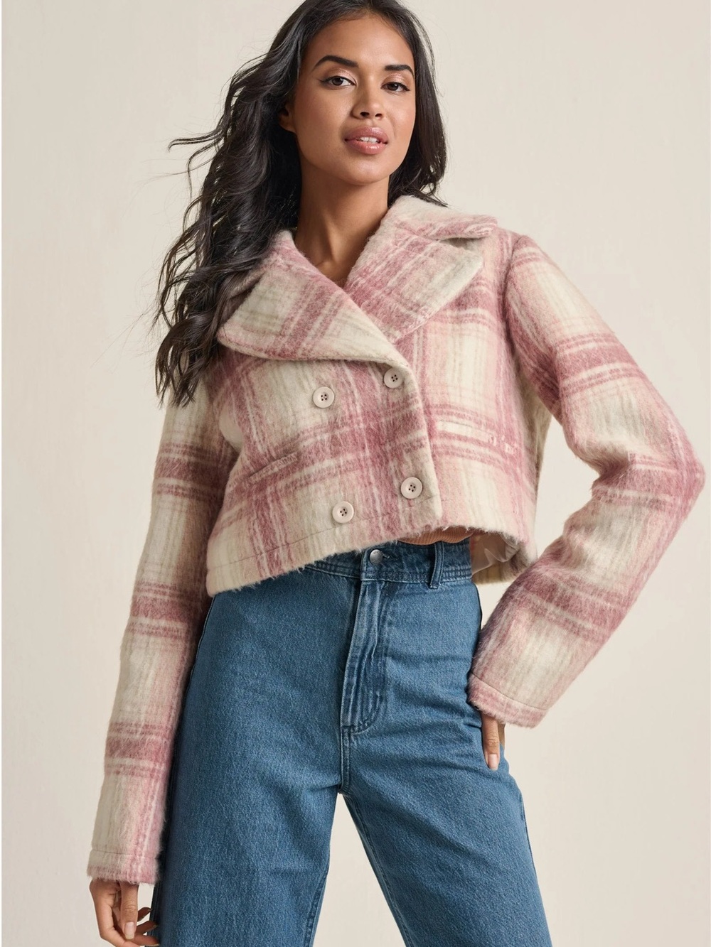NWT Venus Cropped Double Breasted Plaid Jacket Pink Multi Coat Size 6